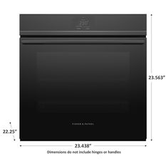 an oven with measurements for the door and handle on each side, shown in black