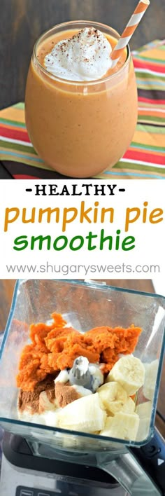 healthy pumpkin pie smoothie recipe in a blender with text overlay that reads healthy pumpkin pie smoothie