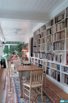 a dining room table surrounded by bookshelves and chairs