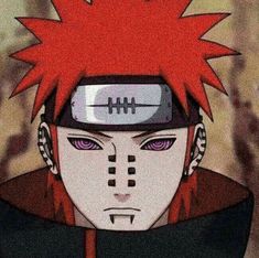 an anime character with red hair wearing a helmet and eye patch on his forehead is staring at the camera