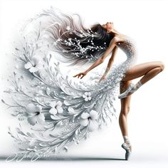 a woman is dancing with white feathers and flowers on her body, as if she was floating in the air