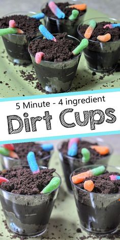 dirt cups with marshmallows and candy in them