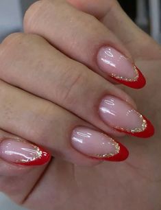 Red French With Gold Line, Nails Inspiration For Christmas, Red Gold French Nails, Nail Ideas Red French Tips, Red Birthday Nail Ideas, Simple Christmas Nails Red And Gold, Red French Tip Nails With Gold Line, Christmas Acrylic Almond Nails, Nail Inspo Red French Tip