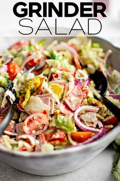 a salad in a white bowl with the title text overlay reads grilled garden salad