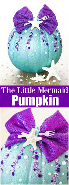 the little mermaid pumpkin is decorated with purple sequins and has a large bow