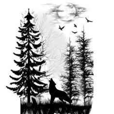 a black and white drawing of a wolf in the woods with birds flying over it