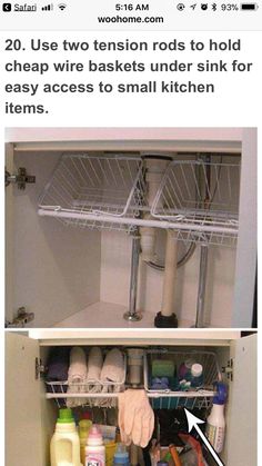 two pictures of the inside of a kitchen cupboard with items in it and an image of a dishwasher