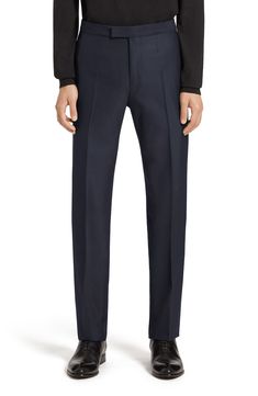 A sumptuous choice for formal wear, this classically styled navy tuxedo is impeccably tailored in Italy from a blend of superfine wool and lustrous silk. Jacket has one-button closure; peaked lapels; chest pocket; welt pockets

 Trousers have zip fly with hook-and-bar closure

 Jacket is lined; trousers are lined to the knee 85% wool, 15% silk Dry clean Made in Italy Men's Designer Clothing Elegant Tailored Navy Tuxedo, Elegant Navy Tuxedo For Semi-formal Occasions, Navy Fitted Tuxedo For Formal Occasions, Luxury Slim Fit Tuxedo For Semi-formal Occasions, Navy Fitted Tuxedo For Formal Events, Classic Slim Fit Evening Suits, Navy Elegant Business Tuxedo, Elegant Navy Tuxedo For Business, Luxury Fitted Navy Tuxedo