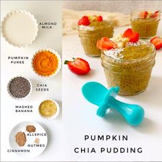 pumpkin chia pudding recipe with ingredients labeled on the bottom and in separate bowls next to each other