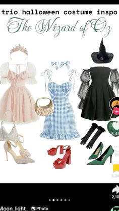 there are many different types of costumes on this page, including dresses and shoes for halloween