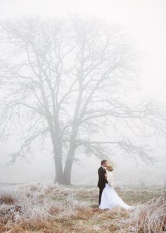 an image of a bride and groom standing in front of a tree on a foggy day