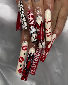 Playboy bunny Halloween nails Horror Nails, Holloween Nails, Halloween Acrylic Nails, Punk Nails, Dope Nail Designs, Acrylic Nails Coffin Pink, Long Square Acrylic Nails, Unique Acrylic Nails