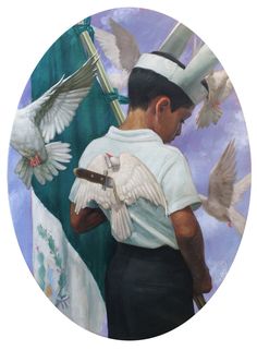 a painting of a sailor with pigeons flying around him