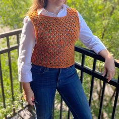 Handmade Crochet Vest in Autumn/Halloween Colors - Size Medium - Reversable: one side has more pumpkin spice, the other has more latte! Super warm and perfect for your fall vibes. Looks great over a white long sleeve button down or solid t-shirt.  Size Medium Width: 18" Length: 17" This was crocheted with love, good fall vibes, and spooky season day dreams. The yarn used is by Yarn Bee in low pill fiber acrylic. Fitted Crochet Tops For Fall, Hand Knitted Fitted Tops For Fall, Handmade Casual Fall Tops, Fitted Hand Knitted Tops For Fall, Casual Handmade Crochet Top For Fall, Fitted Crochet Vest For Fall, Fitted Orange Vest For Fall, Fall Crochet Knit Sweater Vest, Crochet Knit Sweater Vest For Fall