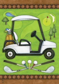 a painting of a golf cart with golf balls, clubs and tees on it