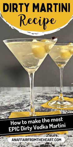 Two Dirty Martini Cocktails with stuffed olives in them. Classic Martini Recipes, Irish Martini, Flavored Martini Recipes, Filthy Martini Recipe, Spicy Martini Recipes