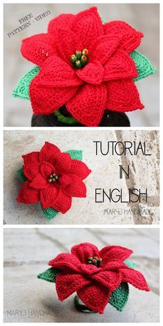 crocheted poinsettia with green leaves and red flowers in the middle