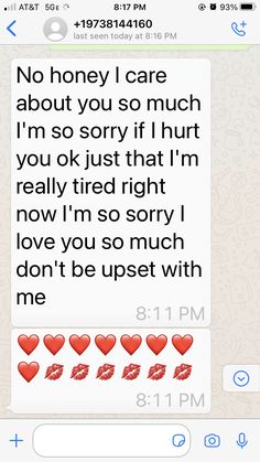 the text message that someone wrote to her on their cell phone is shown in red hearts