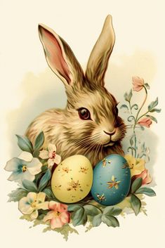 an easter bunny with painted eggs and flowers