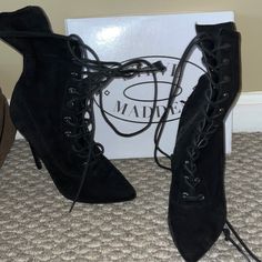 Sz 8 Never Worn Black Suede For An 8 Seem Small. Ideal For 7/7.5 Pointed Toe Heels For Streetwear In Fall, Lace-up Heels For Streetwear, Lace Up Booties, Steve Madden Shoes, Wearing Black, Black Suede, Steve Madden, Size 7, Lace Up