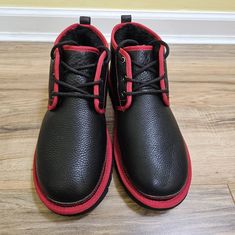 New Neumel Leather Chukka Boots Color: Black/Red Size: Us 10, Eur 43 New With Tags, Without Box. Leather Upper Metal Eyelets, Rear Pull Tab Cotton Laces 17mm Uggplush 80% Upcycled Wool, 20% Lyocell Lining Or 17mm Uggplush 60% Upcycled Wool, 40% Lyocell Lining 17mm Uggplush 80% Upcycled Wool, 20% Lyocell Sockliner Or 17mm Uggplush 60% Upcycled Wool, 40% Lyocell Sockliner Foam Footbed Treadlite By Ugg Outsole For Comfort Or Tm Sugarsole Eva Outsole Textile Binding Made From 100% Recycled Polyester Ugg Neumel, Leather Chukka Boots, Mens Uggs, Ugg Shoes, Cotton Lace, Chukka Boots, Leather Upper, Men's Shoes, Black And Red