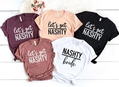 Nashty Bride T-shirt, Let's Get Nashty Shirt, Nashville Bachelorette Shirts, Country Bachelorette Party, Bachelorette Party Tees, Bride Tee Thank you for choosing Snowdrop Gifts ❤️ SIZE ↠ We have size charts on our listing photos. ↠ Please reference the size charts that is provided in the listing photos to ensure you are selecting the best size based on your size and styling preference. SHIPPING AND PRODUCTION TIME ↠ Production time is 3-5 business days. ↠ Shipping Time is 1-5 business days. ↠ I Boss Shirts, Squad Shirt, Group Shirts, Bachelorette Shirts, Bachelorette Party Shirts, Inspirational Shirt, Travel Shirts, Crew Shirt, Vacation Shirts