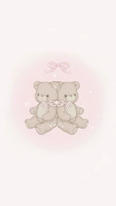 two teddy bears sitting next to each other on top of a pink background with stars