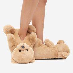 Mocha Wake Up With U Teddy Slippers Feature A Teddy Bear Shape And Super Plushy, Fuzzy Design. Teddy Slippers, Duck Slippers, Teddy Bear Slippers, Dolls Kill Shoes, Bear Shape, Bear Slippers, Pink Slippers, A Teddy Bear, Fuzzy Slippers