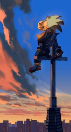 a cartoon character sitting on top of a cross in front of a cityscape