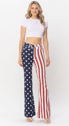 Whatever being an American Beauty means to you, if these American Flag Flare pants fits your bill, then by all means wear it! Flare has a raw hem so you can cut the length to your preference! FRONT RISE:10 3/4"INSEAM:33" Fabric: 93% Cotton / 6% Poly / 1% Spandex Ashley wears a 5. American Flag Pants, Blue American Flag, American Holidays, Patriotic Fashion, American Flag Print, Best Stretches, Bathing Suit Top, Judy Blue Jeans, American Beauty