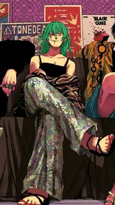 an anime character sitting on a couch with her legs crossed