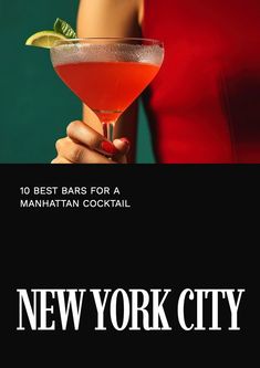 a woman holding a cocktail in her hand with the words new york city on it