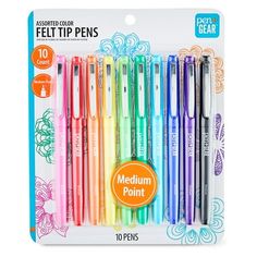 four different colored pens in a package with the words medium point written on each pen