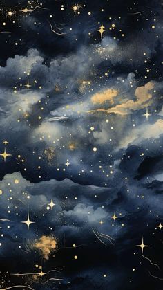 the night sky with stars and clouds painted in gold on black paper, as well as white