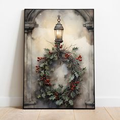 a painting of a christmas wreath with red berries and a lantern hanging on the wall