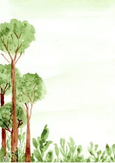 watercolor painting of trees and plants on white paper