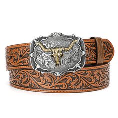 a belt with a bull's head on the center and floral design in silver