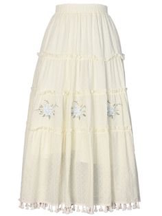 Introducing our Floral Embroidery Apricot Elastic Waist Skirt with Tassels Hem – a perfect blend of elegance and playful charm. This skirt features intricate floral embroidery that adds a touch of sophistication to the soft apricot fabric. The elastic waist ensures a comfortable and flattering fit for all body types. The highlight of this skirt is the tassel hem, which brings a fun and whimsical element to your outfit. Garment Size SizeSMLFull Length82.58485.5Waist60-9863-10166-104 Embroidered Cream Skirt For Summer, Summer Cream Embroidered Skirt, Spring Long Skirt With Tassels, Long Skirt With Tassels For Spring, Spring White Skirt With Tassels, White Tassel Skirt For Spring, Flowy Tiered Skirt With Floral Embroidery, Tiered Floral Embroidered Skirt, Spring Maxi Skirt With Tassels