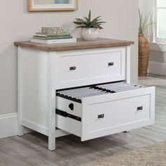 a white cabinet with two drawers and a potted plant on the top shelf next to it