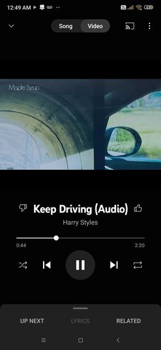 an audio player with the words keep driving audio and harry styles on it's screen