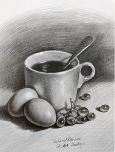 a pencil drawing of a cup of coffee and some fruit