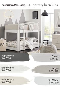 a bedroom with white furniture and gray walls, including two bunk beds in the same color scheme