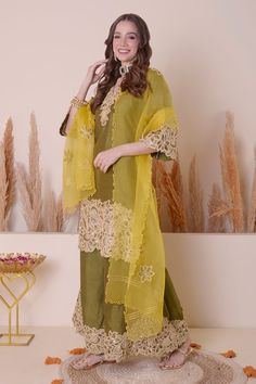 Olive green kurta with intricate zari and gota work on its sleeves and flare. Paired with a matching sharara with embroidery on its flare and a contrast lemon embroidered dupatta scallop details. - Aza Fashions Kurta Sharara Set, Kurta Sharara, Gota Work, Embroidered Dupatta, Sharara Set, Embroidered Silk, Set For Women, Aza Fashion, Olive Green