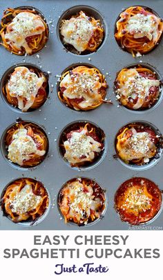 Top-down view of muffin tin containing Easy Cheesy Spaghetti Cupcakes topped with grated Parmesan cheese. Spaghetti Cups Muffin Tins, Spaghetti Appetizer Parties, Spaghetti Appetizer Recipes, Muffin Pan Dinner Ideas, Spaghetti Appetizer, Old Dinner Recipes, Cupcake Pan Recipes, Spaghetti Cupcakes, Spaghetti Muffins