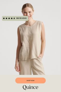 An all-year essential. This linen tank top is made from soft, textured 100% organic linen. It's perfect to layer under a cardigan or does just as well on its own on those warmer days. Especially with the matching linen pants.  | Quince | Women's Tank Top in Driftwood, Size Medium, Linen Tops Winter, Linen Tank Top, Linen Tank, Best Tank Tops, Winter Ideas, European Linens, Organic Linens, Winter Tops, Linen Top