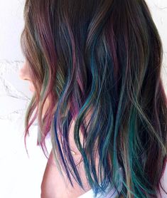 Fun Hair Color Ideas For Brunettes Ombre Dip Dye, Pops Of Color Hair, Pop Of Color Hair, Accent Highlights, Oil Slick Hair Color, Aesthetic Surgeon, Indian Hair Cuts, Vivid Hair Color