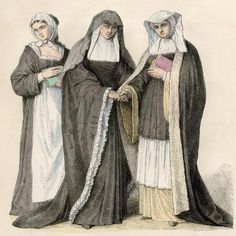 three women dressed in black and white, standing next to each other with veils on their heads