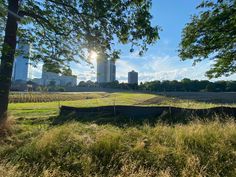 the sun shines brightly over an empty field in front of tall buildings and trees