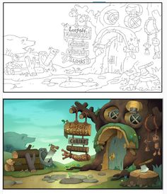 an animation storyboard showing the concept art for a tree house