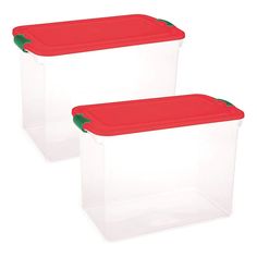 two plastic storage containers with red lids and green trimmings on the sides, set of 2